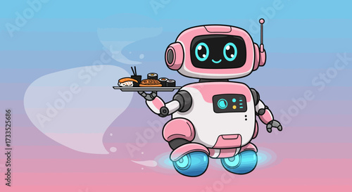 Pink Robot Serving Sushi on a Tray with Hovering Wheels.