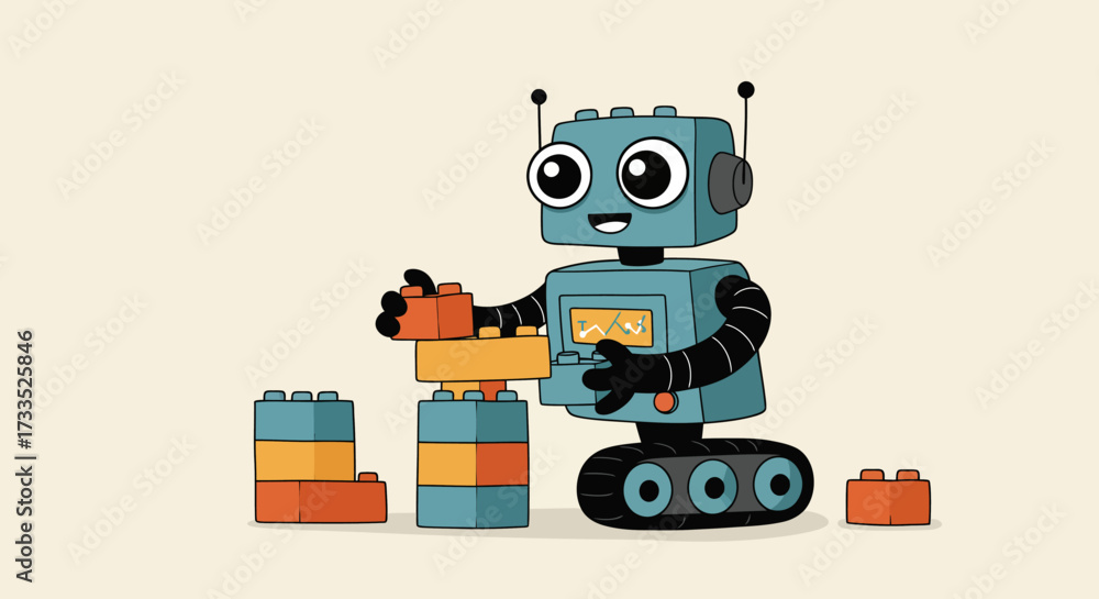 Fototapeta premium Cartoon Robot Building Blocks with Display Screen.