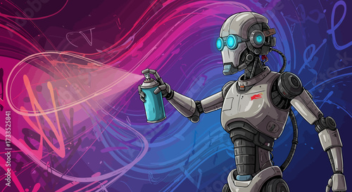 Artistic Robot Spraying Graffiti with a Can of Paint.