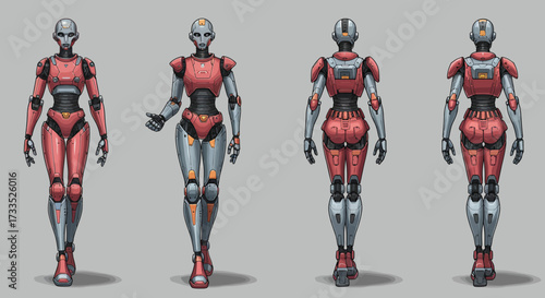 Detailed Illustration of a Bipedal Female Robot with Red and Gray Metal Panels.