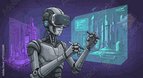 Robot Architect Designing Futuristic City in Virtual Reality.