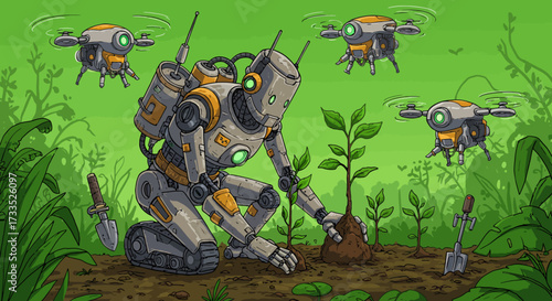 Robot Planting Seedlings with Drone Support in Lush Environment.