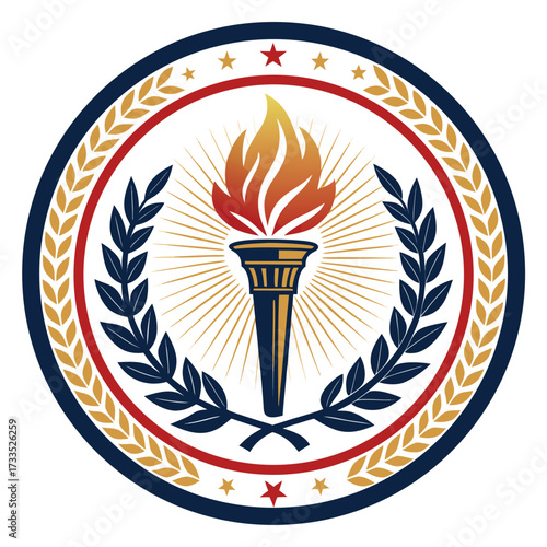 A circular emblem with a torch and laurel wreaths on a white background.