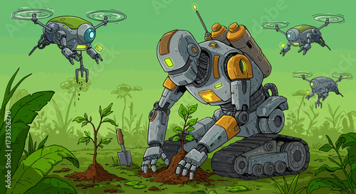 Robotic Gardener Planting Seedling with Drone Assistance in Lush Green Environment.