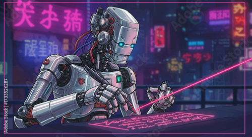 Cyberpunk Robot Writer in Neon Cityscape Futuristic Technology and Art.