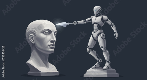 Robot with Spear Targeting Classical Bust Artificial Intelligence Concept.
