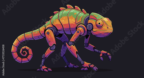 Robotic Chameleon with Green and Orange Plating and Mechanical Joints.