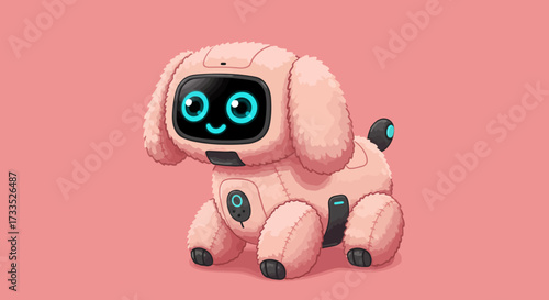 Cute Pink Robotic Dog with Screen Face and Fluffy Texture.