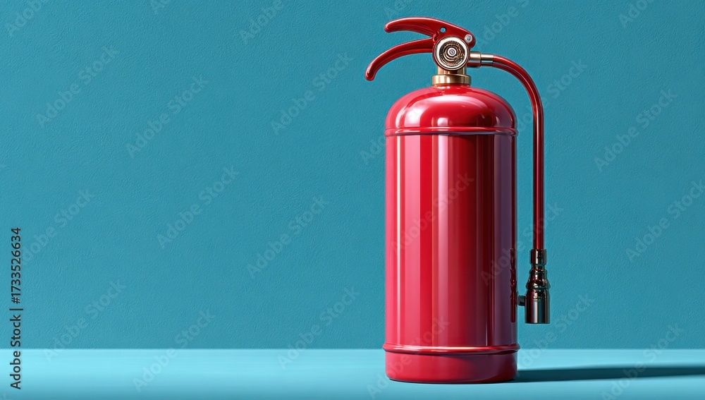 Obraz premium Vibrant red fire extinguisher against a teal blue backdrop, symbolizing safety, prevention, and emergency preparedness in commercial settings