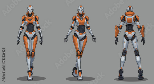 Orange and Gray Female Robot Character Design with Three Poses.