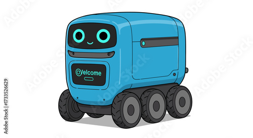 Cartoon-style Delivery Robot with a Screen Displaying Welcome.