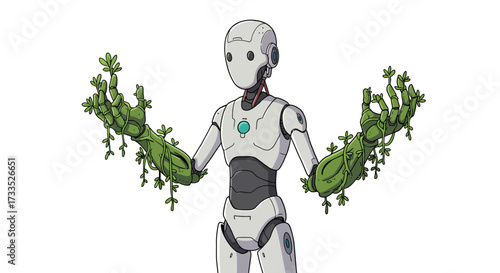 Cartoon Robot with Plant-Covered Arms on White Background.
