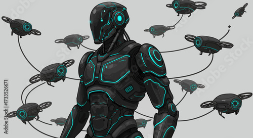 Futuristic Black Robot with Teal Accents and Drone Companions.