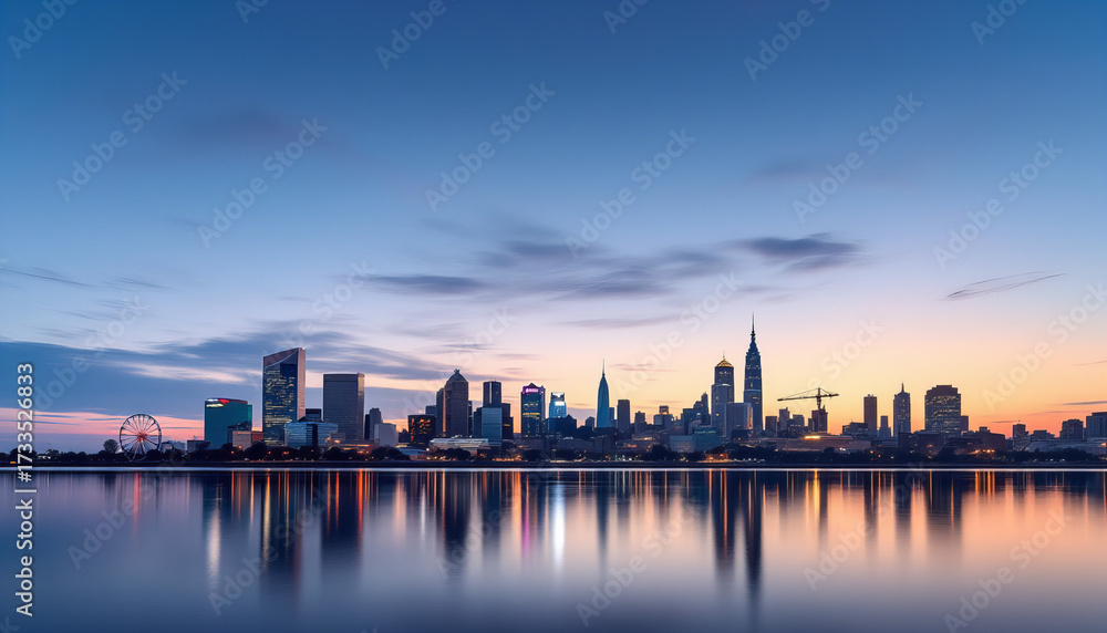 Fototapeta premium City skyline reflected in calm water at sunrise 