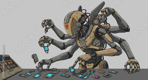 Multi-Armed Robot Examining Small Electronic Devices on a Table.
