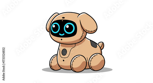 Cartoon Robot Dog with Blue Eyes and Tan Fur.