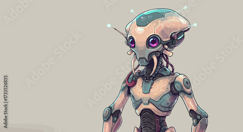 Futuristic Alien Robot with Glowing Antennae and Circuitry Details.