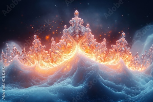 Abstract, contrasting wallpaper design featuring fire and ice elements.