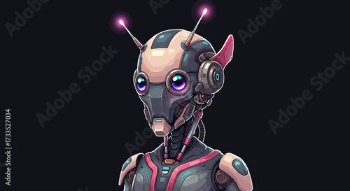 Futuristic Robot with Antennae and Large Eyes on Dark Background.