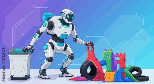 Cartoon Robot with Playground Equipment and Smart Bin.
