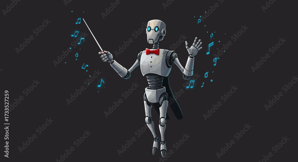 Fototapeta premium Robotic Conductor Directing Music with Baton and Bowtie.