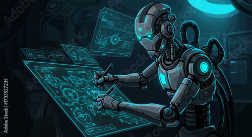 Futuristic Robot Engineer Working on Blueprints in a Dark Environment.