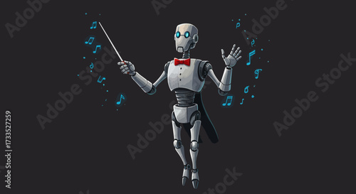 Robotic Conductor Directing Music with Baton and Bowtie.