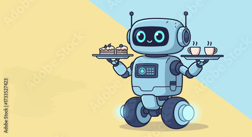 Cartoon Robot Waiter Serving Cakes and Coffee.