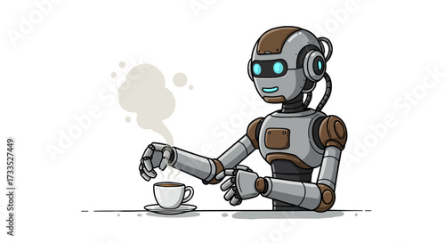 Cartoon Robot Enjoying a Cup of Hot Coffee.