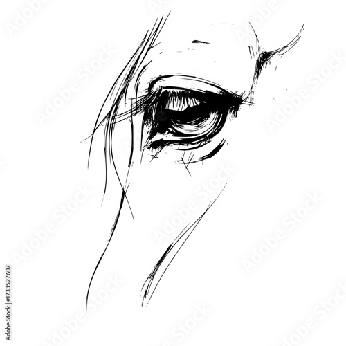 Close up black and white sketch of a horse's eye and part of its face with detailed brush strokes