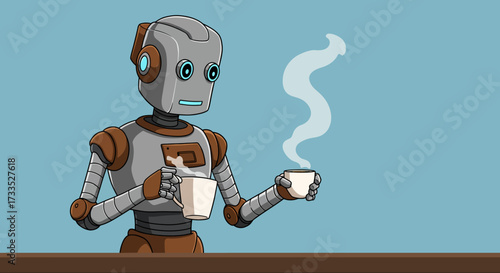 Cartoon Robot Holding Two Cups of Coffee with Steam.
