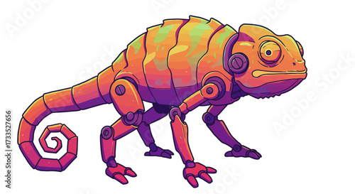 Robotic Chameleon Illustration with Orange and Green Hues.