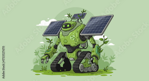Green Energy Robot with Solar Panels and Plant Sprouts.