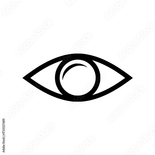 Simple black and white eye illustration with a round pupil and elongated eye shape in a minimalist style