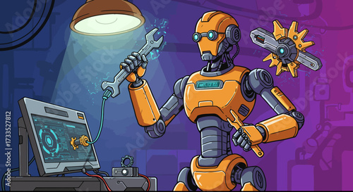 Cartoon Robot Repairing Machinery with Wrench and Computer Interface.