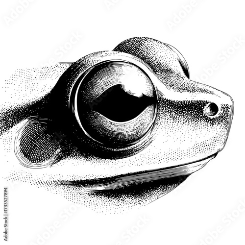 Close up black and white illustration of a frog head with large eye and detailed skin texture art