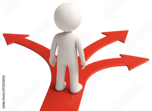 White 3D figure standing at a crossroads with three red arrows pointing in different directions person isolated on a transparent background