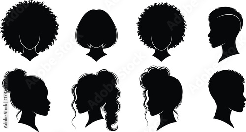 Hair silhouette set, diverse hairstyles, curly and straight hair, bun and ponytail styles, fashion vector, black illustration, beauty design