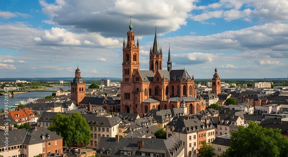 Obraz premium Majestic Mainz Cathedral Overlooking a Historic German Cityscape.