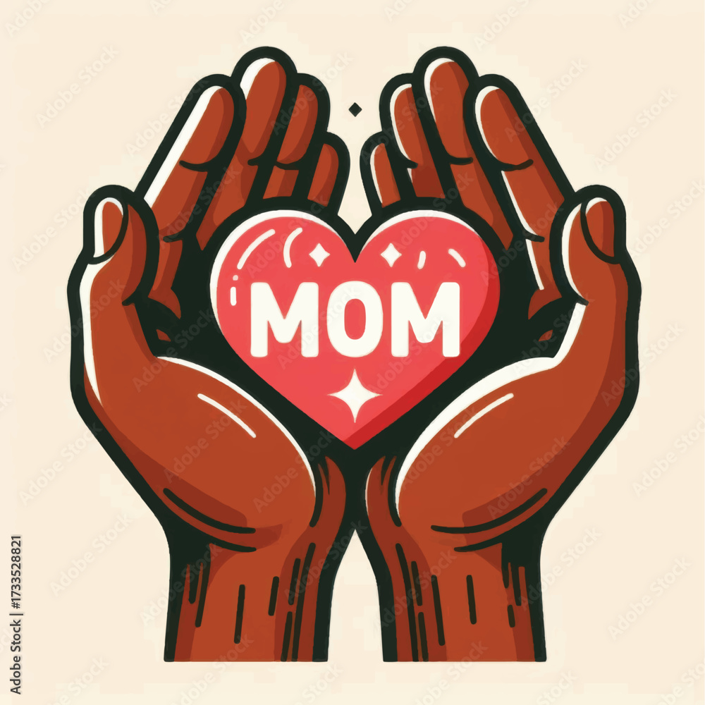 Obraz premium Graphic illustration of hands carefully holding a heart for Mom.