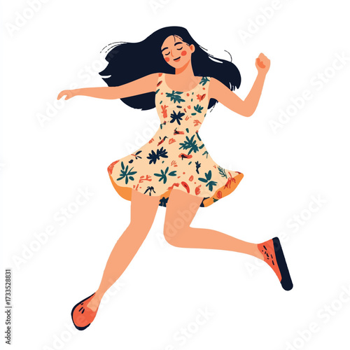 Joyful Woman in Floral Dress Leaping with Happiness.