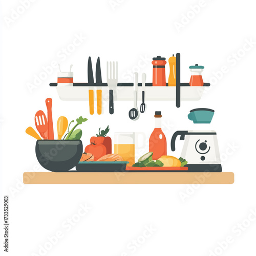 Kitchen countertop with various cooking utensils and ingredients.