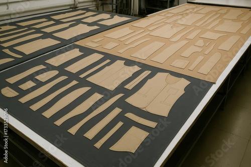 Numerous paper clothing patterns are arranged on vast tables in a tailoring workshop. These patterns await cutting, symbolizing the beginning of garments.