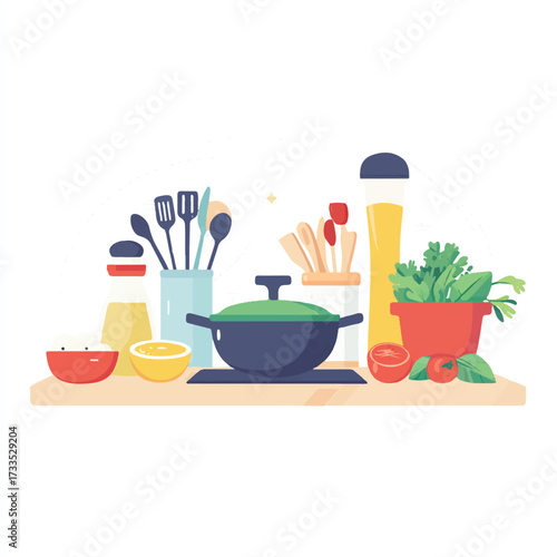  Kitchenware and ingredients arranged on a wooden shelf for cooking