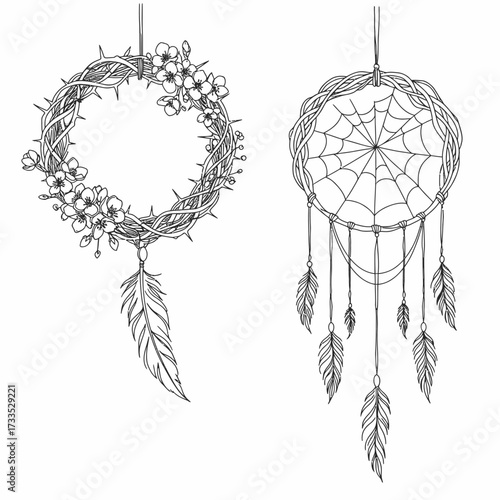 An elegant hand-drawn monochrome illustration showcasing a thorny floral wreath with a delicate feather and a classic dreamcatcher, both embodying spiritual and bohemian aesthetics.