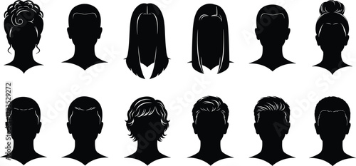 Hairstyle silhouette icons, black vector heads, diverse haircut styles, fashion clipart set, editable graphic, beauty illustration, character design reference