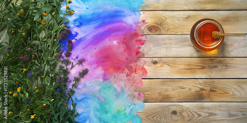Colorful watercolor splash with honey jar on wooden table  