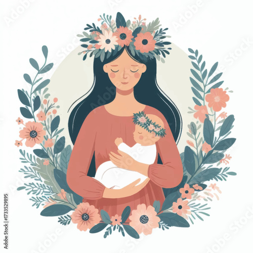 Mother and Baby Affectionate Embrace Floral Wreath.