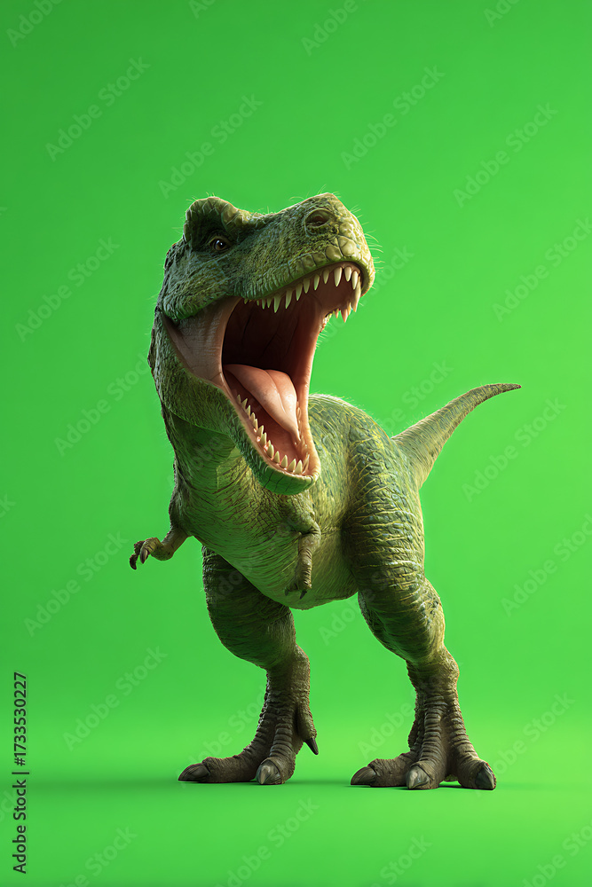 Obraz premium A roaring dinosaur stands confidently on a vibrant green background, showcasing its fierce demeanor