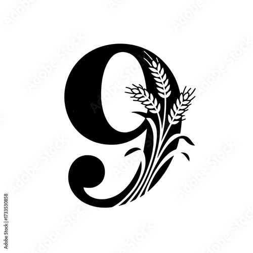 Number nine decorative design with wheat stalks, Stylized black number nine illustration decorated with wheat stalks and leaves, symbolizing agriculture, harvest, natural growth, and rustic elegance.
